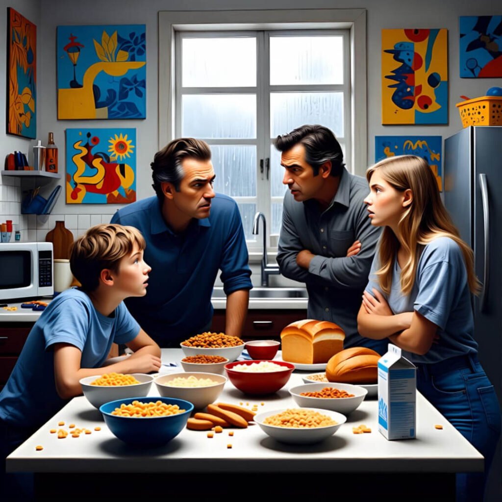 Chaotic kitchen argument, cereal everywhere, family tension.