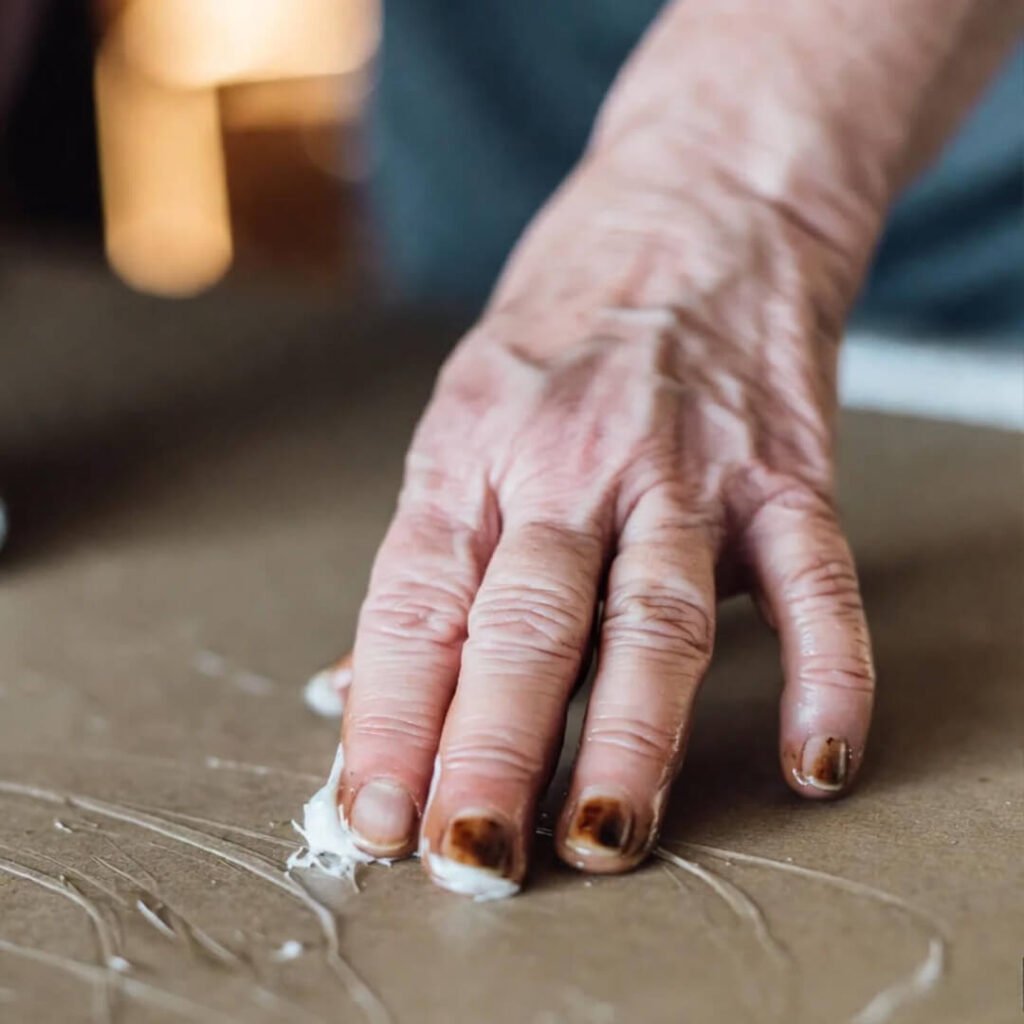 Glue-stuck hand peels craft mess.
