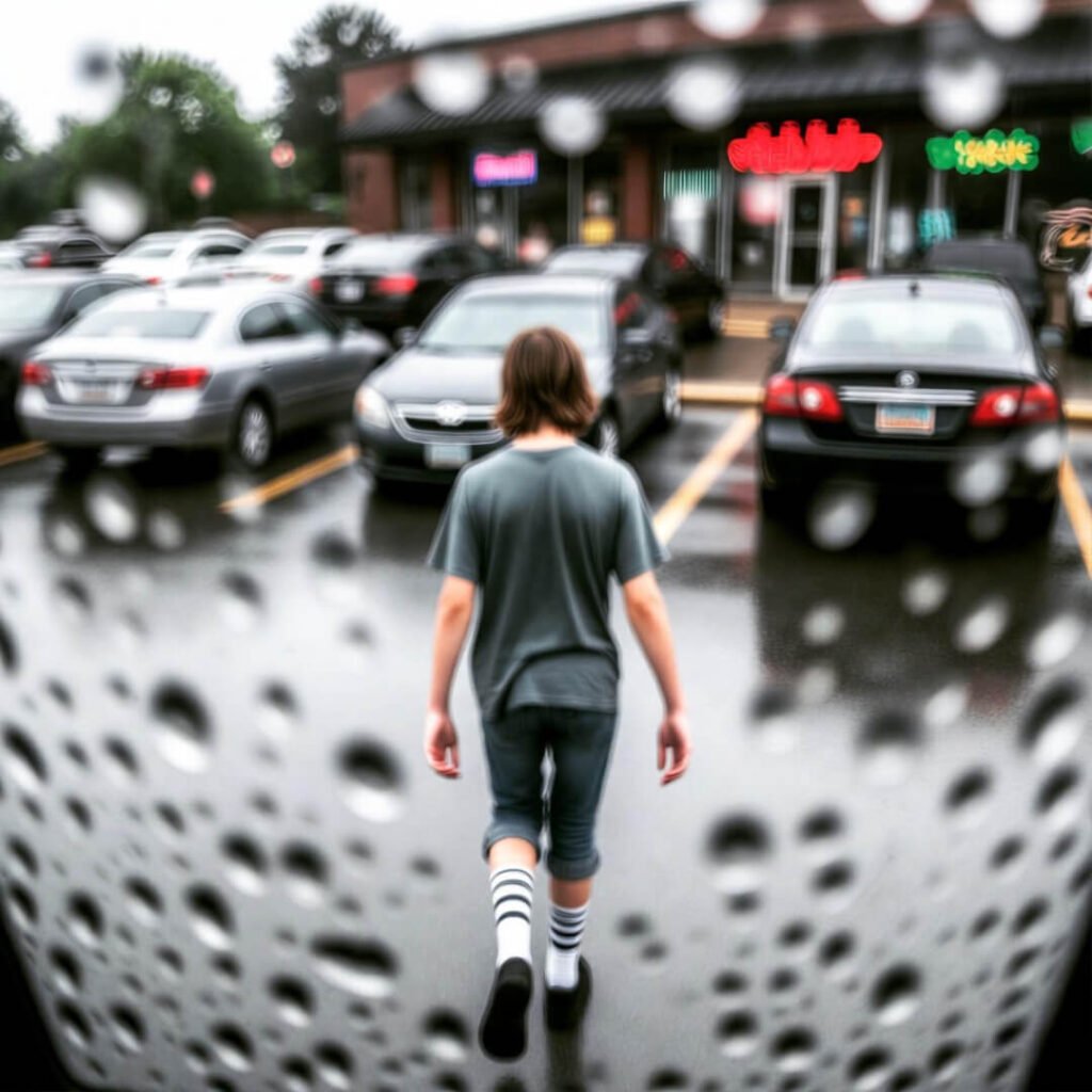 Teen walking away in rain, mismatched socks, independence.