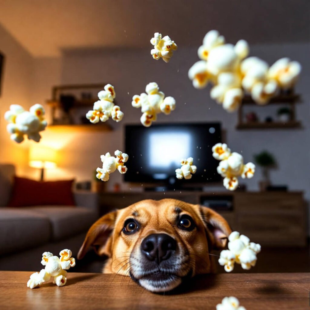 Dog sneaks flying popcorn chaos.