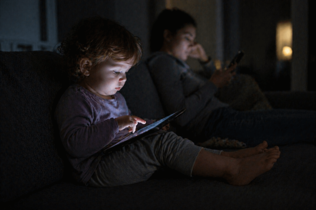 Toddler using tablet, parent on phone in dim room